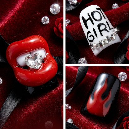 Rebel Pout - Rebel Red & Black Short Duck Press-Ons with 3D Lip & Rhinestone Charms