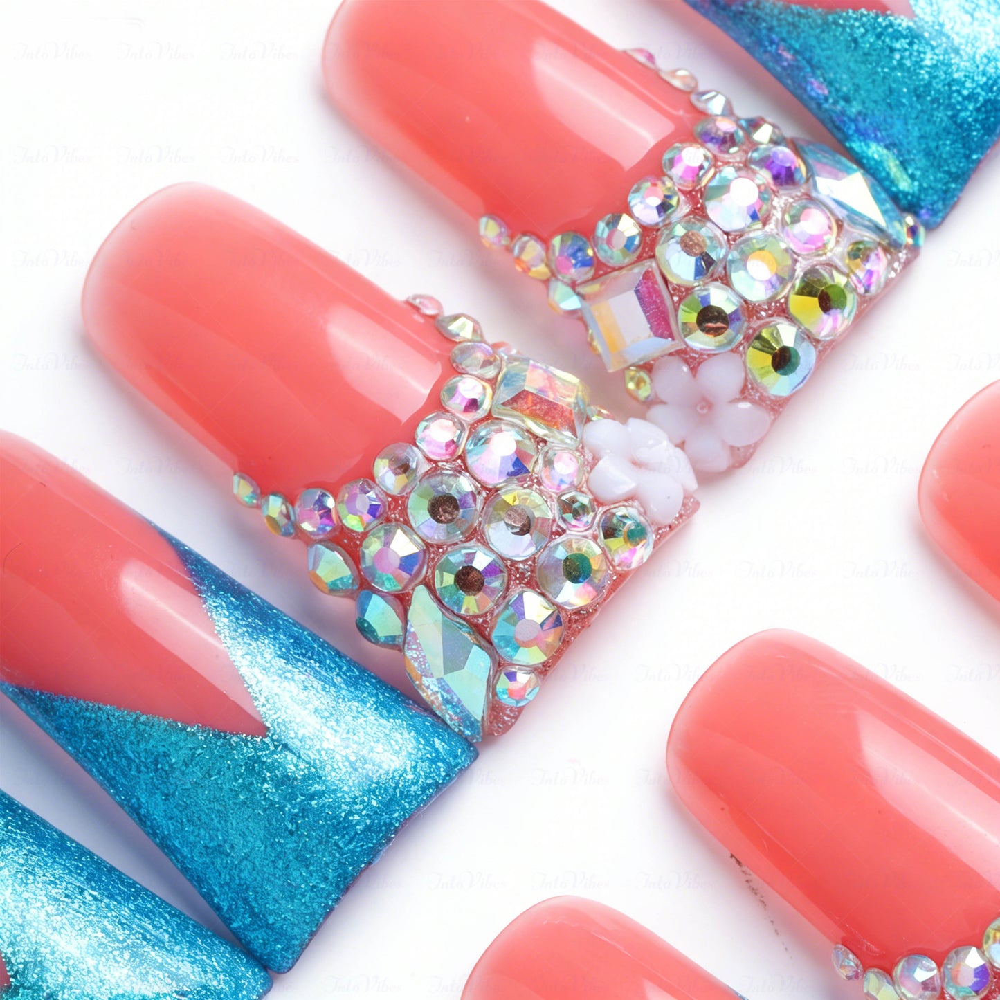 Mermaid V French-Nude & Turquoise Short Duck Press-Ons with V-Tip & Iridescent Rhinestone Accents