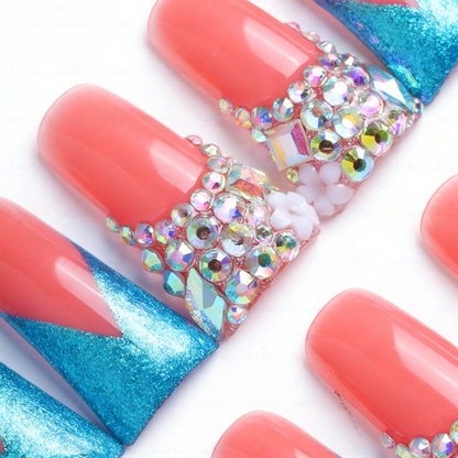 Mermaid V French-Nude & Turquoise Short Duck Press-Ons with V-Tip & Iridescent Rhinestone Accents