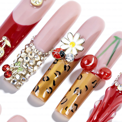 Cherry Leopard-Red & Nude Long Square Press-Ons with 3D Cherry & Leopard Print Accents