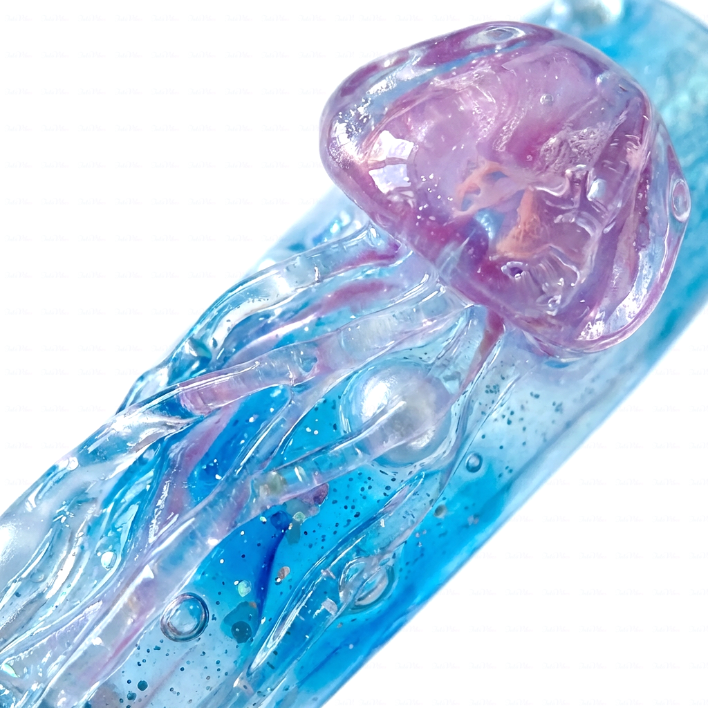 Ocean Whisper - Ocean Blue Long Coffin Press-Ons with Jellyfish & Starfish Charms