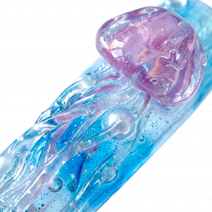 Ocean Whisper - Ocean Blue Long Coffin Press-Ons with Jellyfish & Starfish Charms