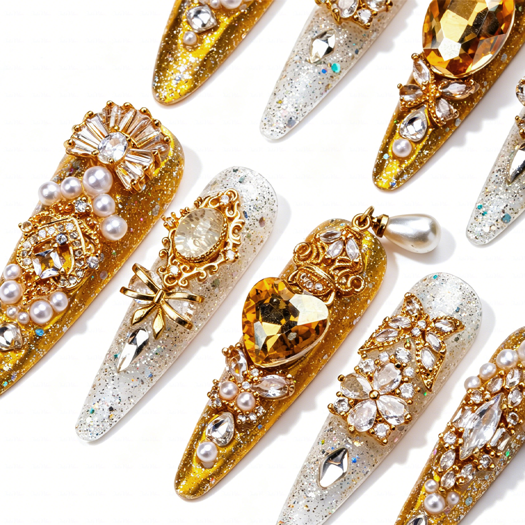 Made-to-Order | Champagne Regal Pearl – Gold & Ivory Glitter Long Stiletto Press-Ons with Pearl Gem Charms