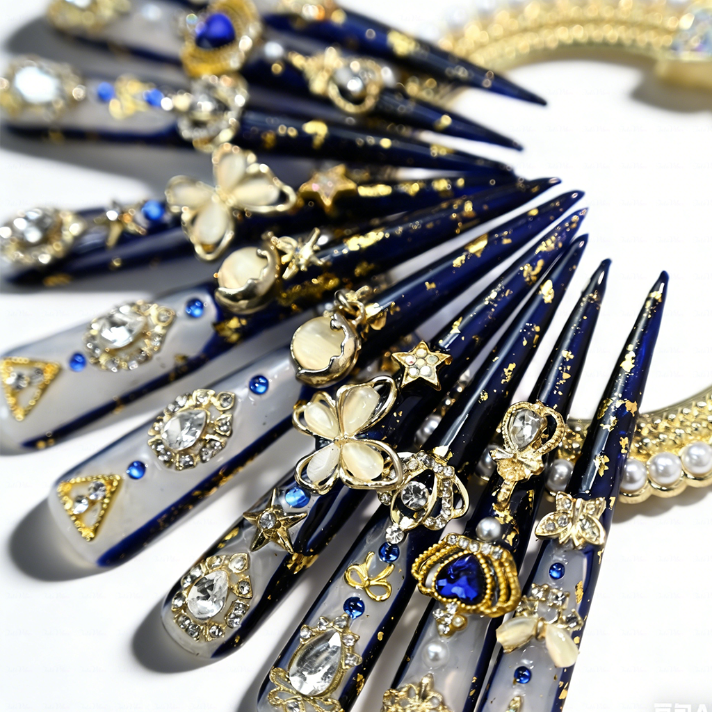 Midnight Royal-Navy Blue & Milky White Extra Long Stiletto Press-Ons with Gold Foil & Gem Butterfly Charms