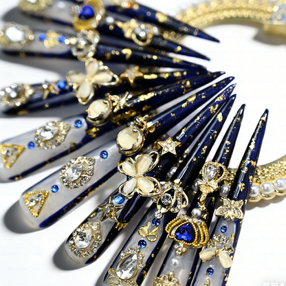 Midnight Royal-Navy Blue & Milky White Extra Long Stiletto Press-Ons with Gold Foil & Gem Butterfly Charms