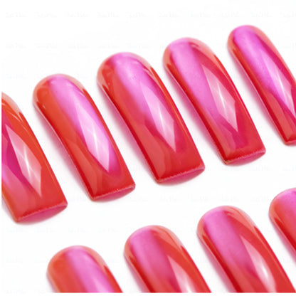 Neon Magenta Glow-Red & Pink Long Downward Curved Press-Ons with Mirror Gloss Finish