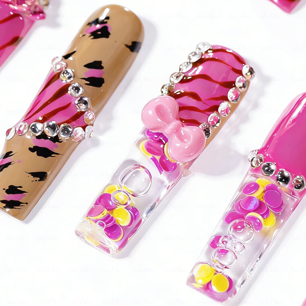 Kitty Leopard  Hot Pink & Brown Long Square Water Press-Ons with Tiger Print & 3D Bow Charms