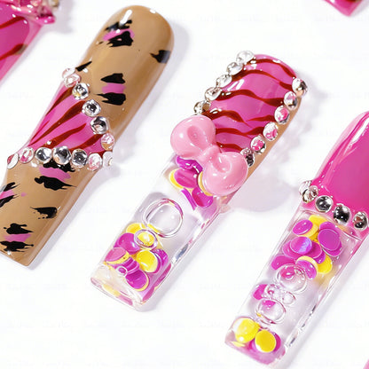 Kitty Leopard  Hot Pink & Brown Long Square Water Press-Ons with Tiger Print & 3D Bow Charms