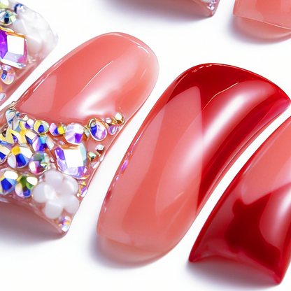 Ruby V French  Nude & Red Long Duck Press-Ons with Iridescent Rhinestone Accents