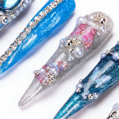 Ocean Chrome – Teal & Silver Stiletto Press-Ons with Crystal Accents