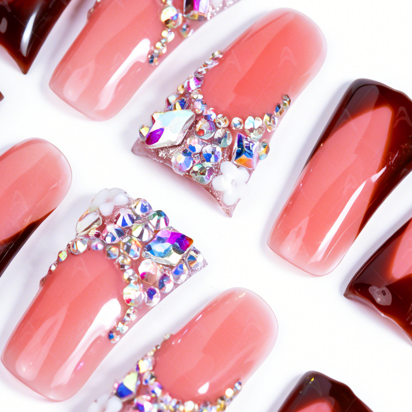 Chocolate V French – Nude & Brown Long Duck Press-Ons with Iridescent Rhinestone Accents