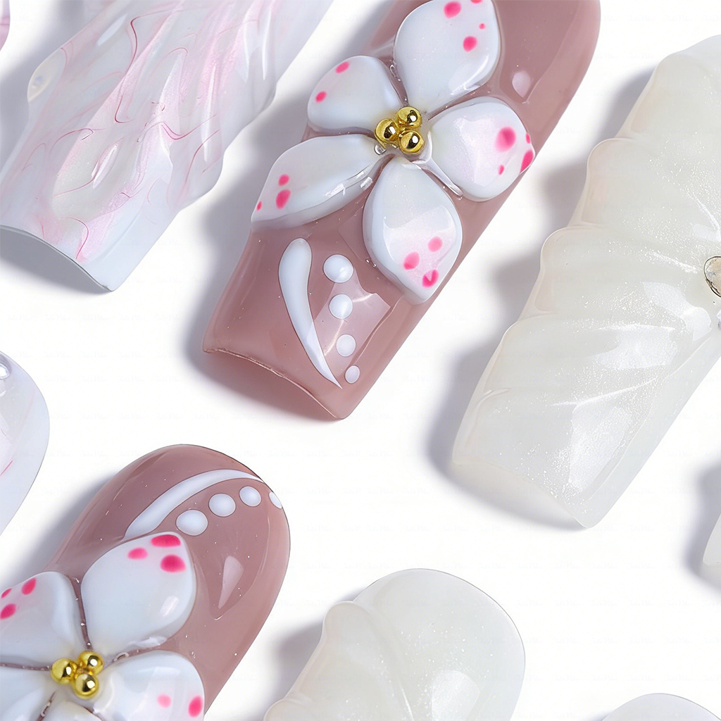 Seashell Bloom-Nude & White Medium Square Press-Ons with 3D Floral & Seashell Accents