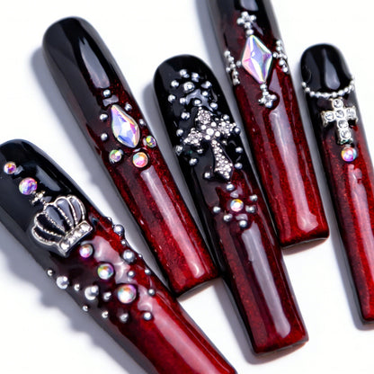 Goth Royal Black & Red Long Square Press-Ons with Crown & Cross Charms