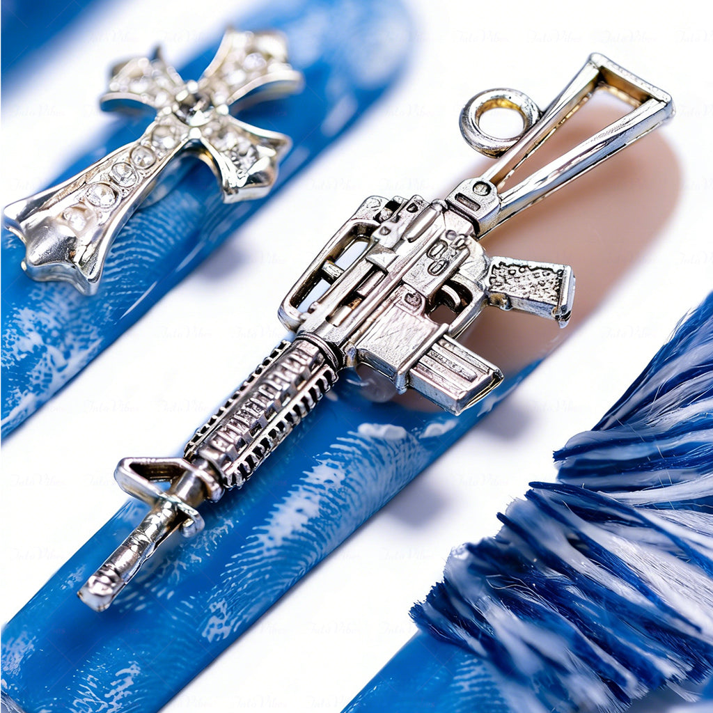 Cyber Denim – Blue Long Square Press-Ons with Cross & Gun Charms
