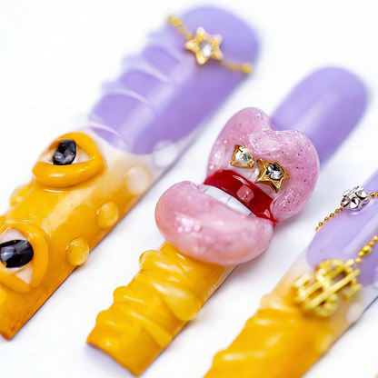 Sunset Swirl – Lavender & Mango Long Square Press-Ons with 3D Lip & Chain Charms