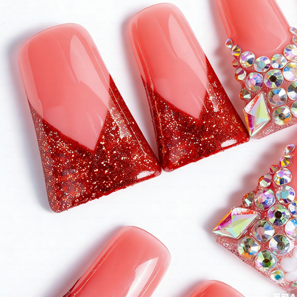 Ruby Blush – Pink & Red Glitter Long Duck Press-Ons with Iridescent Crystals