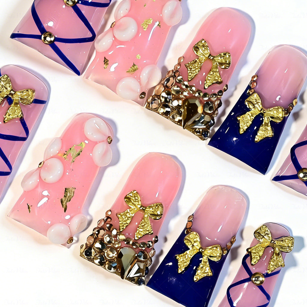Gold Bow Lolita – Pink & Navy Blue Long Duck Press-Ons with Gold Bow & Rhinestone Accents