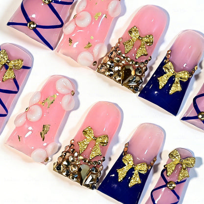 Gold Bow Lolita – Pink & Navy Blue Long Duck Press-Ons with Gold Bow & Rhinestone Accents