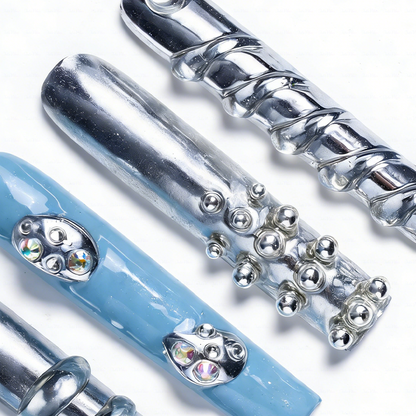 Chrome Frost – Slate Blue & Silver Long Square Press-Ons with Crystal Accents