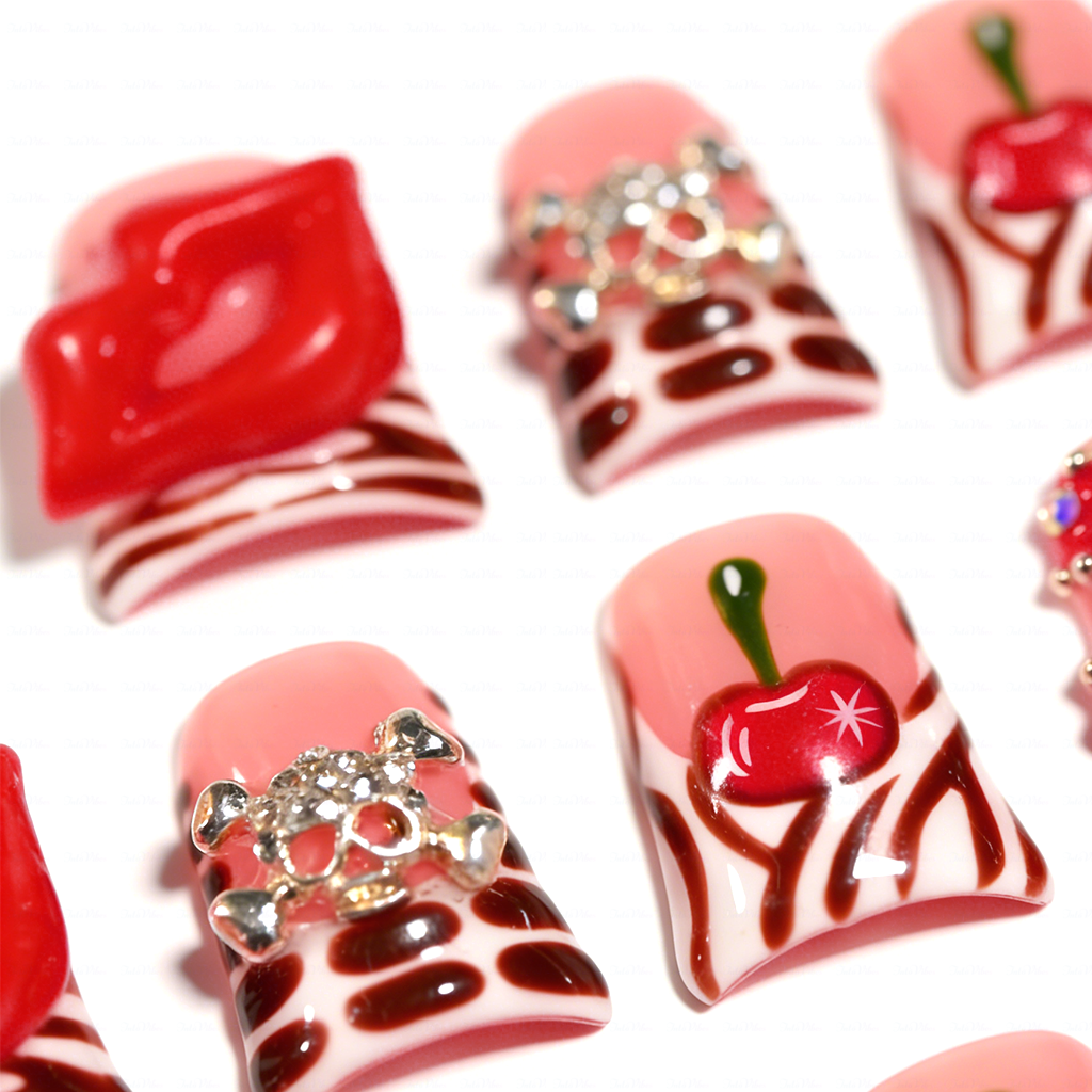 Cherry Kiss – Short Duck Press-Ons with 3D Lip & Cherry Accents