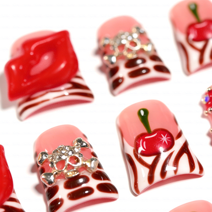 Cherry Kiss – Short Duck Press-Ons with 3D Lip & Cherry Accents