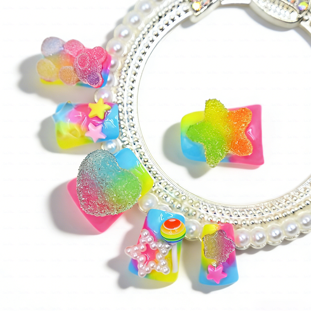 Candy Pop – Neon Rainbow Short Duck Press-Ons with 3D Gummy Bear & Lollipop Charms