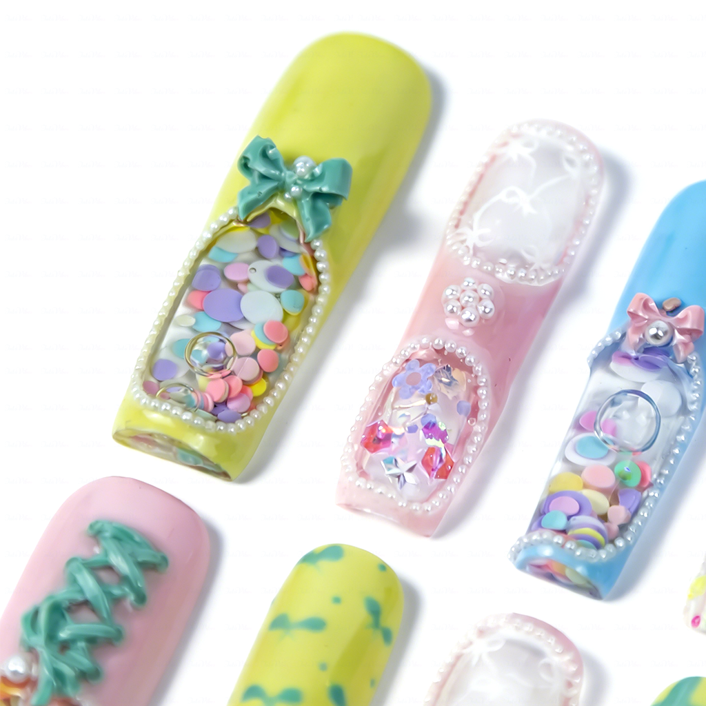 Pastel Quicksand  Multi-Color Long Square Water Press-Ons with 3D Bow & Sequin Accents