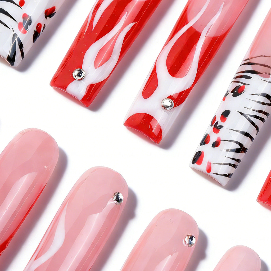 Flame Lip  Red & Nude Long Square Press-Ons with 3D Lip & Flame Accents