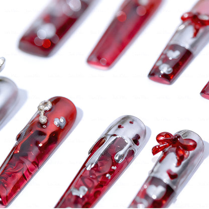 Lava Heart  Red & Silver Long Square Water Press-Ons with Metal Lava & Lock & Key Charms