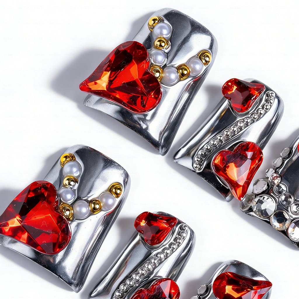 Ruby Chrome – Metallic Silver Short Duck Press-Ons with Red Crystal & Heart Charms