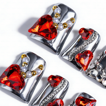 Ruby Chrome – Metallic Silver Short Duck Press-Ons with Red Crystal & Heart Charms
