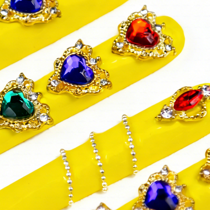 Sunset Heart – Neon Yellow Long Square Press-Ons with Rainbow Crystal Hearts