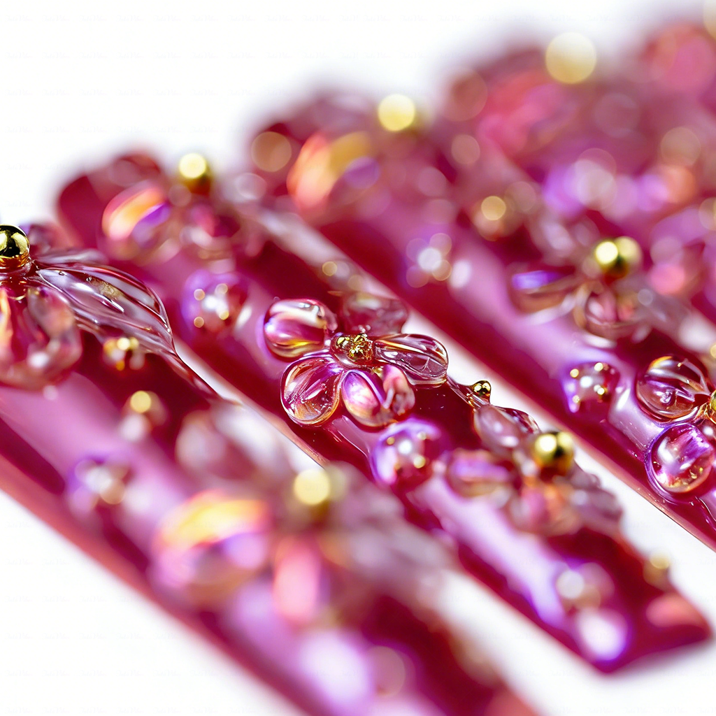 Bloom Aurora – Iridescent Purple Long Square Press-Ons with 3D Floral Charms