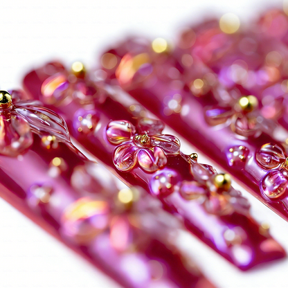 Bloom Aurora – Iridescent Purple Long Square Press-Ons with 3D Floral Charms