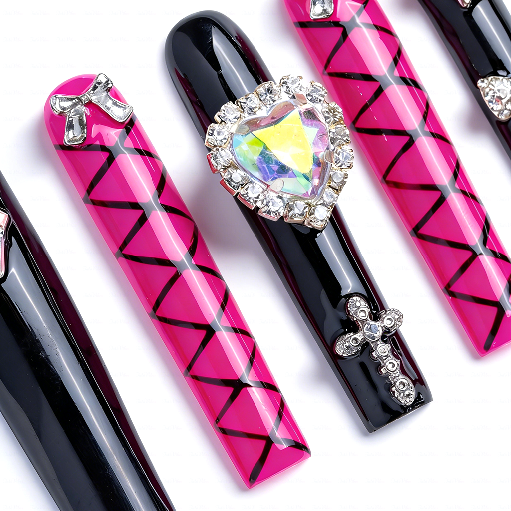 Baddie Glitz – Hot Pink & Black Long Square Press-Ons with Heart Gem & Cross Charms