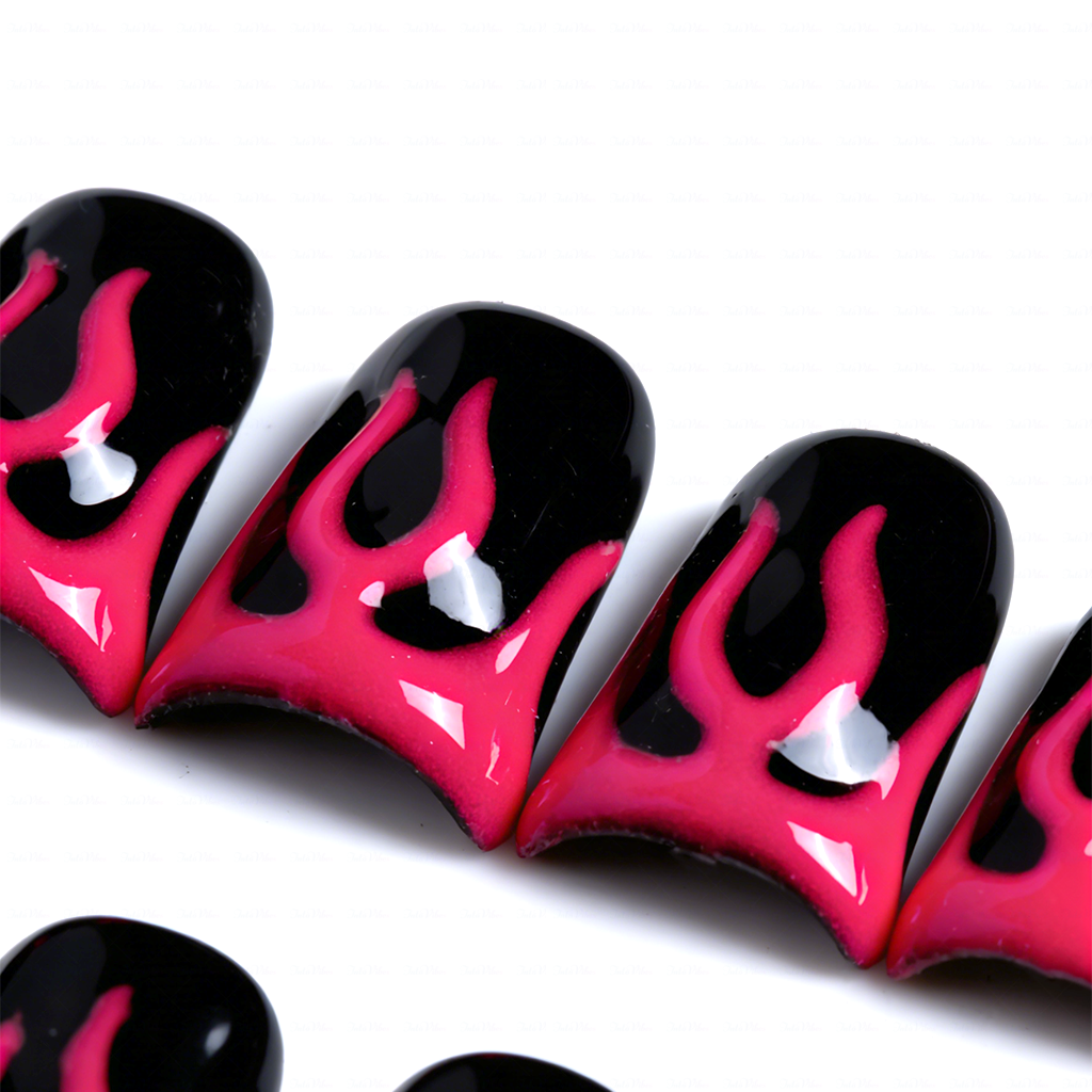 Blaze Pop – Hot Pink & Black Short Duck Press-Ons with Flame Graphics