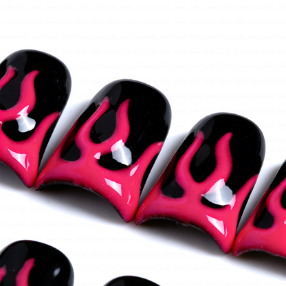 Blaze Pop – Hot Pink & Black Short Duck Press-Ons with Flame Graphics