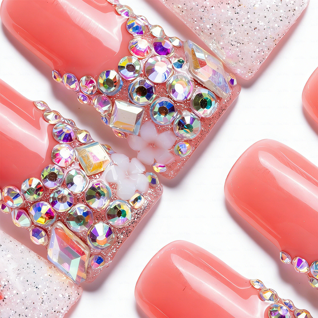 Peach Glitz – Coral & Silver Glitter Long Duck Press-Ons with Crystal Clusters