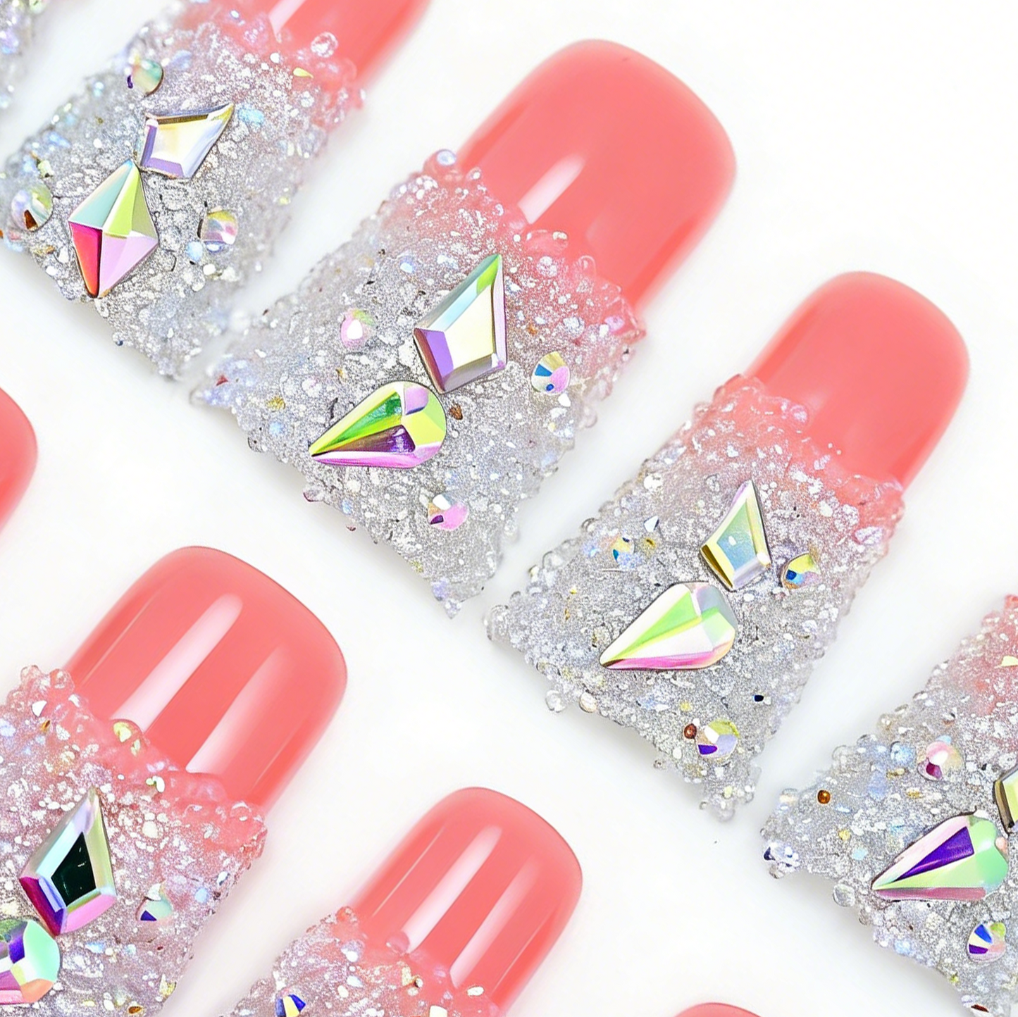 Sugar Glitter – Pink & White Long Duck Press-Ons with Iridescent Crystal Accents