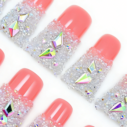 Sugar Glitter – Pink & White Long Duck Press-Ons with Iridescent Crystal Accents