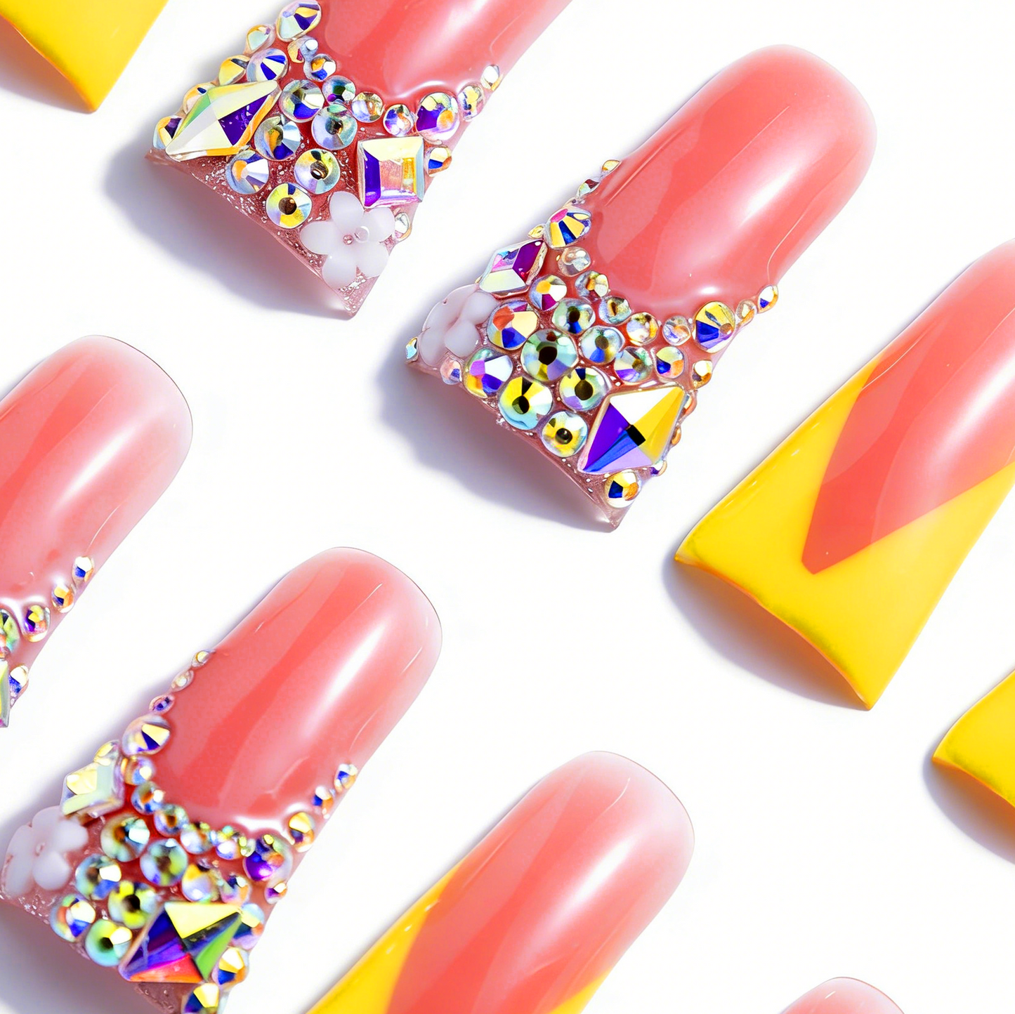 Sunny Yellow V French – Nude & Bright Yellow Long Duck Press-Ons with Iridescent Rhinestone Accents