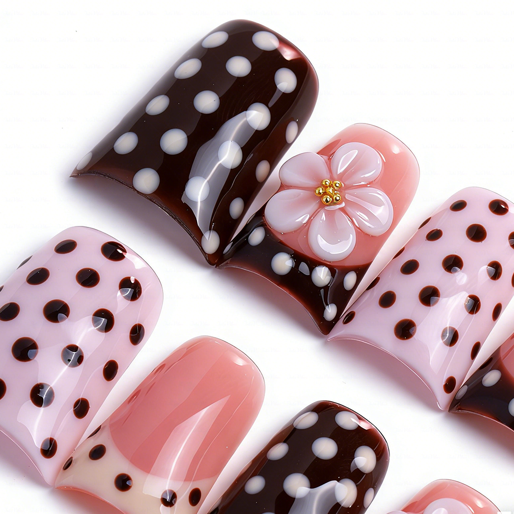 Polka Dot Bloom-Pink & Brown Short Duck Press-Ons with 3D Floral & French Tip Accents