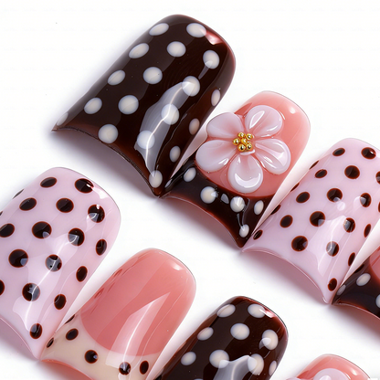 Polka Dot Bloom-Pink & Brown Short Duck Press-Ons with 3D Floral & French Tip Accents