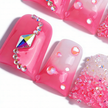 Bubblegum Bling-Hot Pink Short Duck Press-Ons with Ombre Sugar Rhinestone & Crystal Accents