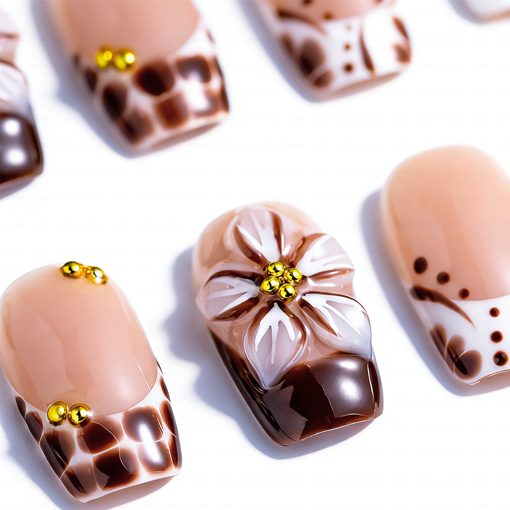 Cocoa Bloom – Nude Brown Short Square Press-Ons with Leopard Print & 3D Floral Accents