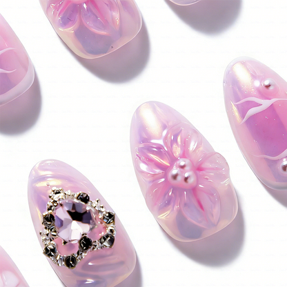 Aurora Bloom – Iridescent Pink Short Almond Press-Ons with 3D Floral & Heart Rhinestone Charms