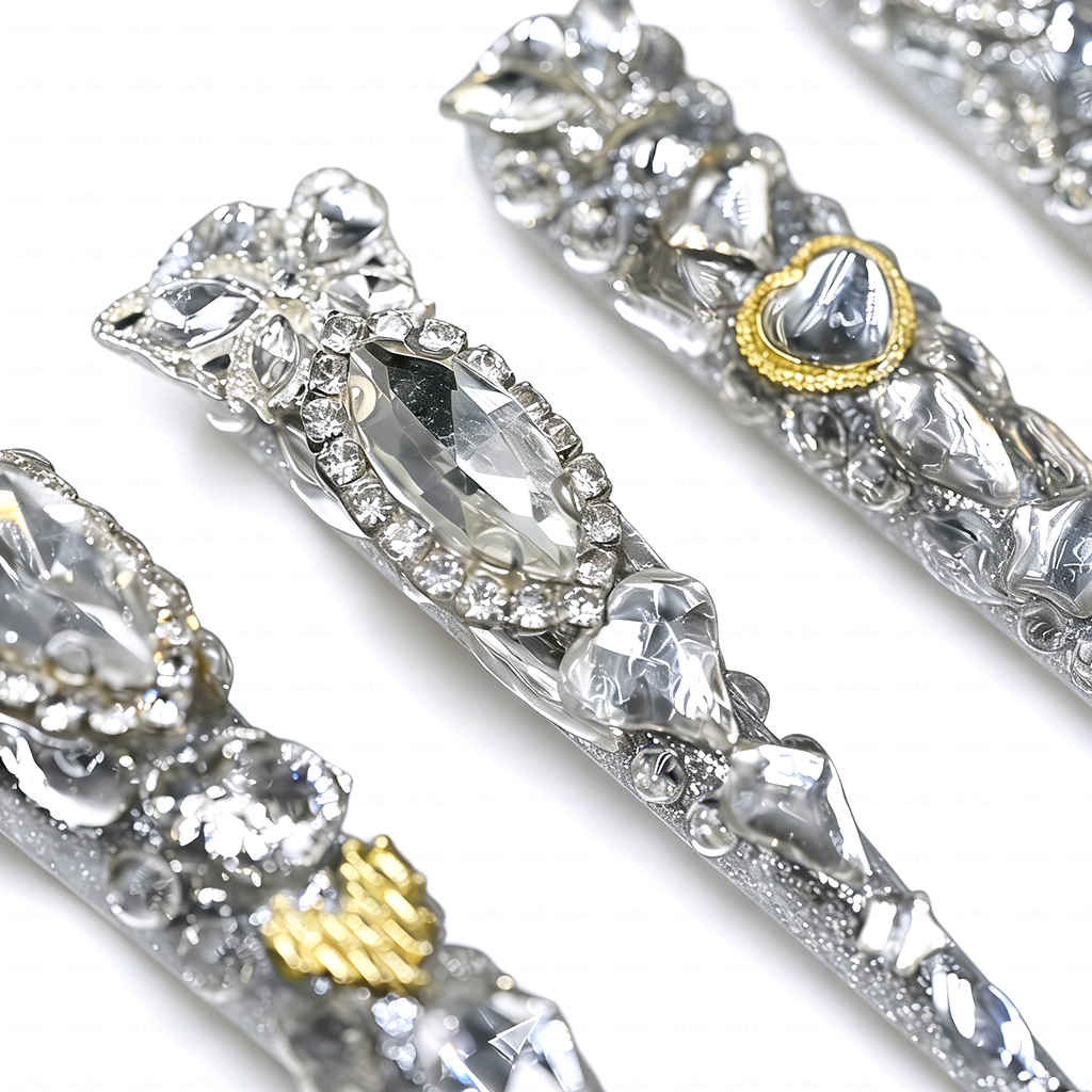 Diamond Spike – Silver Glitter Stiletto Press-Ons with Full Rhinestone Coverage