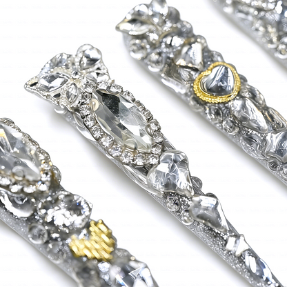 Diamond Spike – Silver Glitter Stiletto Press-Ons with Full Rhinestone Coverage