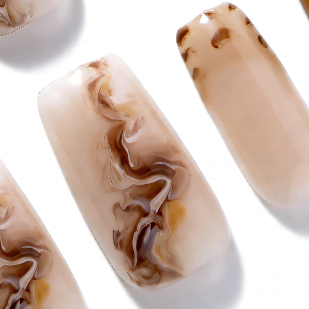 Latte Swirl – Nude Brown Medium Square Press-Ons with Marble Swirl & 3D Floral Accents