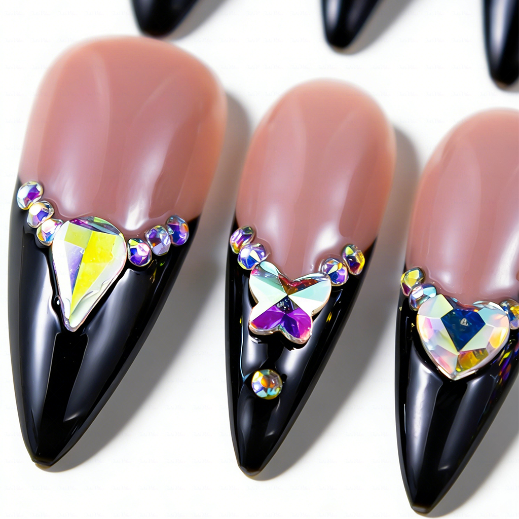Baddie French – Nude & Black Long Stiletto Press-Ons with French Tips & Iridescent Rhinestone Accents